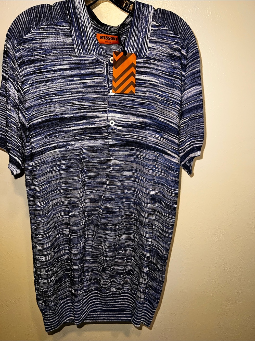 Missoni Striped Knit Polo in Navy and Light Blue